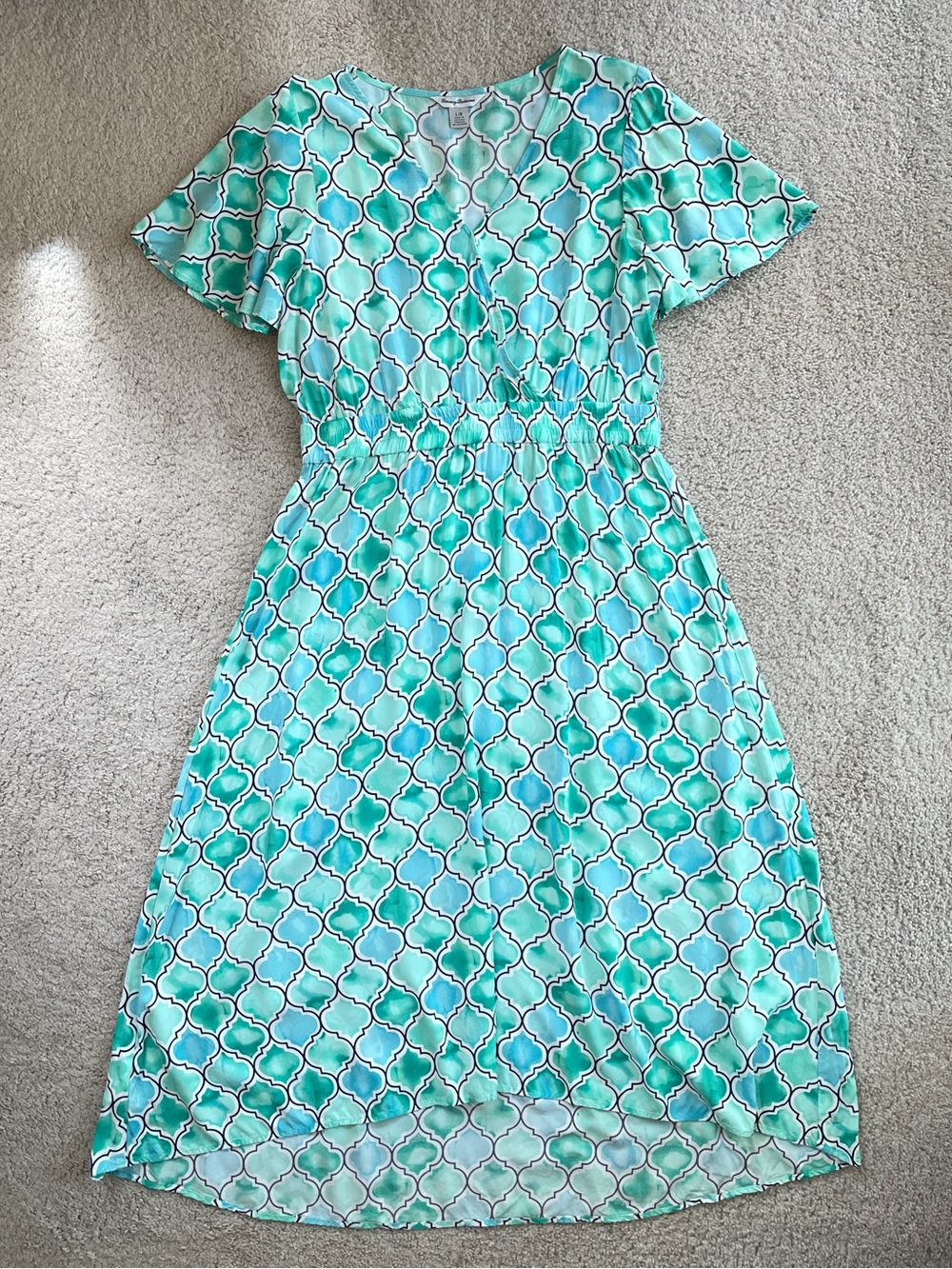 Tommy Bahama Teal Blue Green Geometric Ruffle Sleeve Midi Maxi Dress Size Large